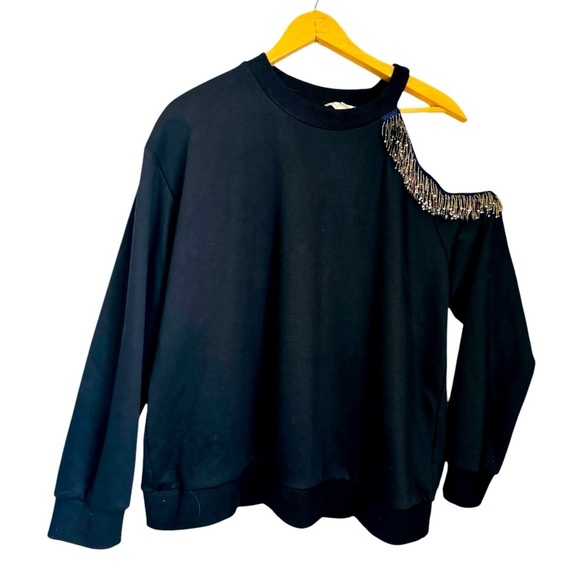 STELLAH asymmetrical black beaded fringe cold shoulder crew neck top women’s XL - Picture 3 of 13
